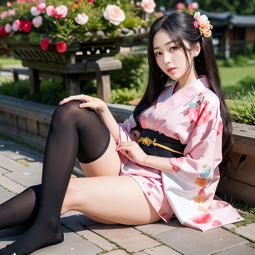 Careful depiction of faces,One Lady,hairpin,(Camellia flower kimono),(Long, flowing colored hair),Simple and elegant kimono,collar,(Black socks+,geta), Perfect face, Perfect hands, Perfect Fingers, Perfect Lips, Perfect Eyes,Extremely normal body,Ancient Japan town background,The perfect background