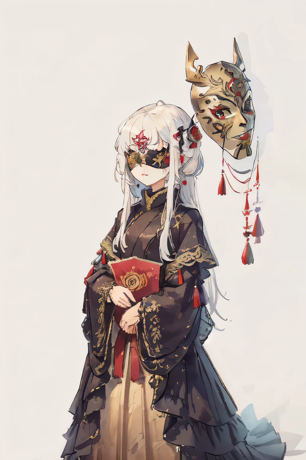 ((Highest quality)), ((masterpiece)), (detailed), girl,Masks that hide the all face,Hair is white hair,She wears a mask and we cannot see his face,Standing picture showing the whole body,No Background