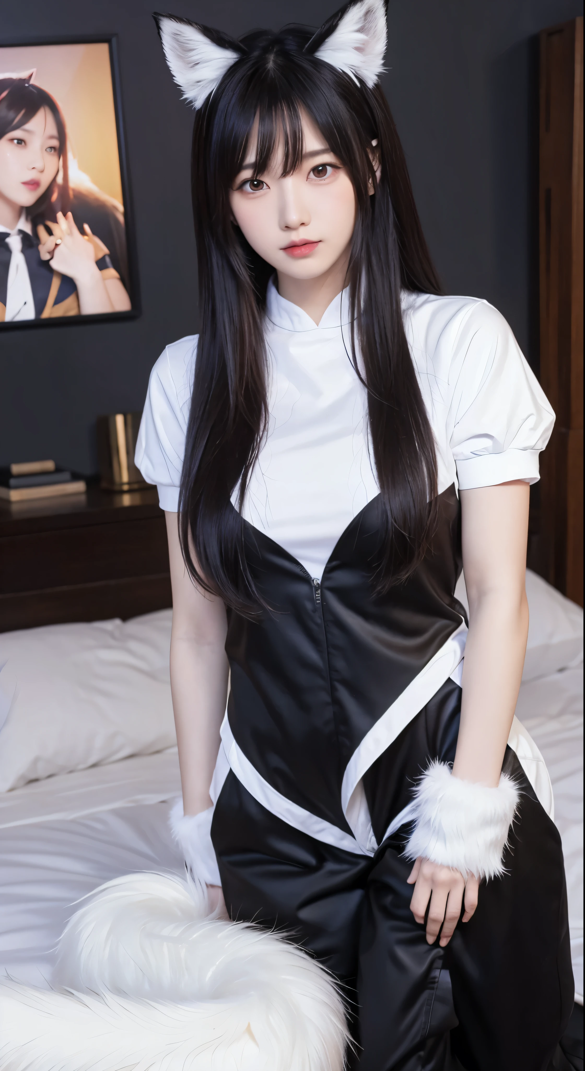 ahri, ahri_(league_of_legends), 1girl, absurdres, animal_ears, black_hair, detached_sleeves, distr, facial_mark, fox_ears, fox_tail, hand_up, highres, league_of_legends, long_hair, snowsuit, magic, multiple_tails, white_tails, orange_eyes, parted_lips, solo, standing, tail, full_body, arms behind back