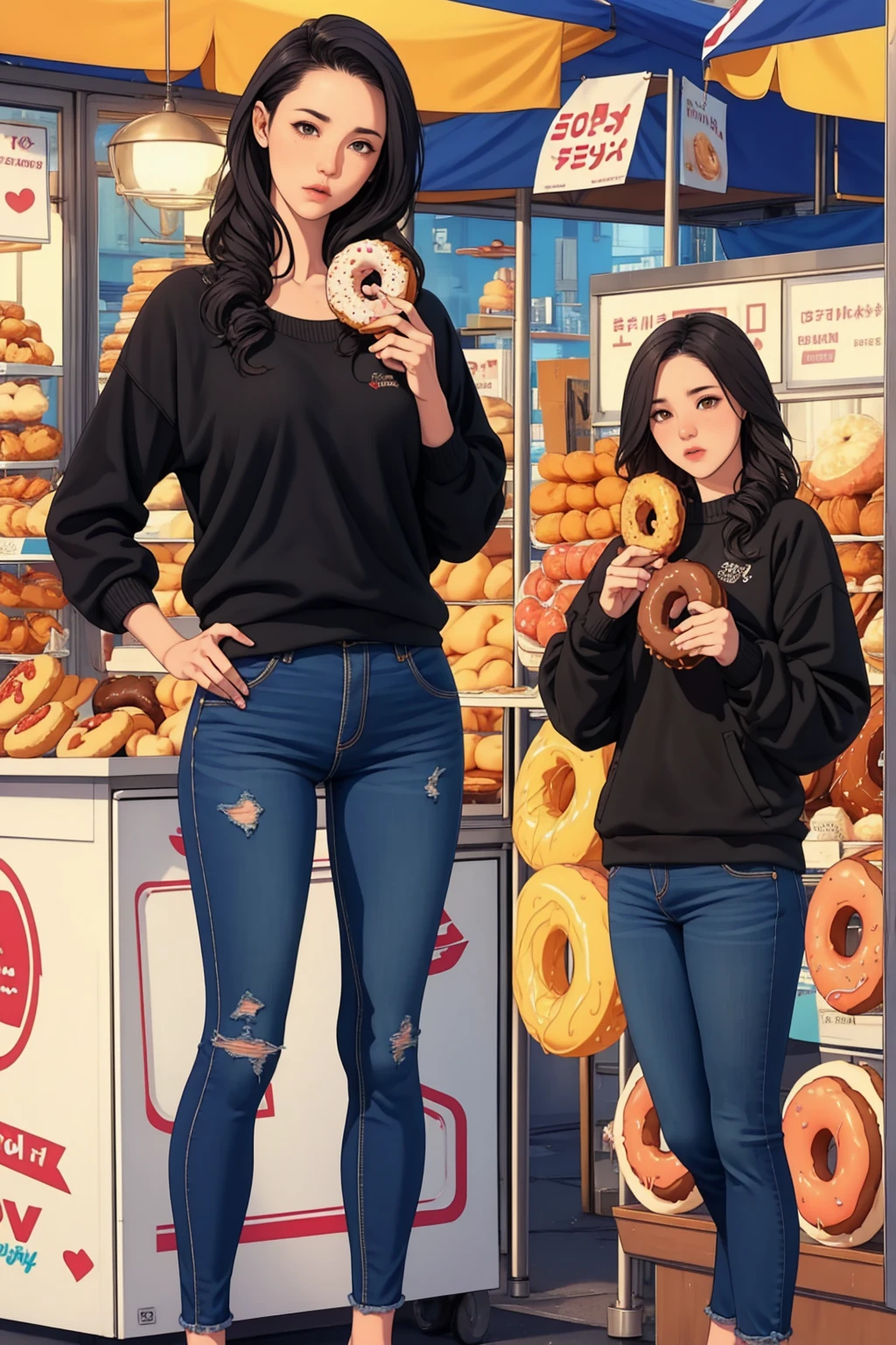 a girl eating a donut, a girl standing next to her at a stall, full body shot, detailed facial features, wearing black sweater and jeans, warm lighting, photorealistic, intricate details, vibrant colors, masterpiece