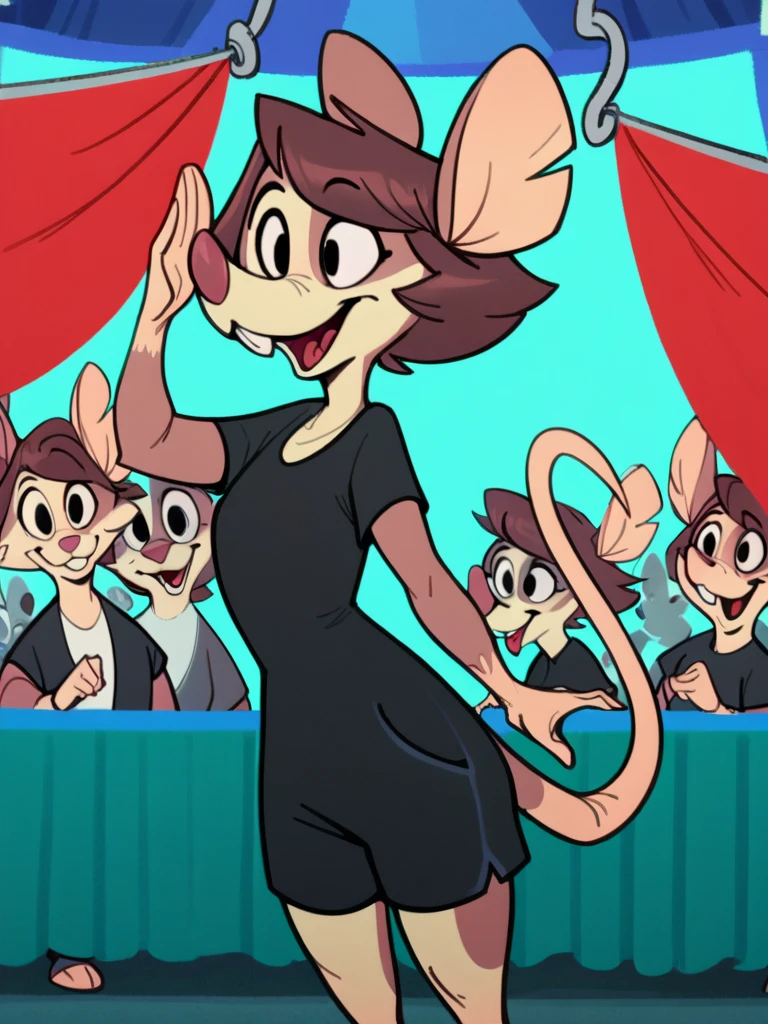 score_9, score_8_up, score_7_up, score_6_up, score_5_up, score_4_up, source_furry, Julia_PonyXL, 1girl, solo, kinked tail, (wearing black shorts, standing), podium, crowd, speech bubble, straight-arm salute, banners,  detailed face, detailed eyes, crisp, detailed background, 