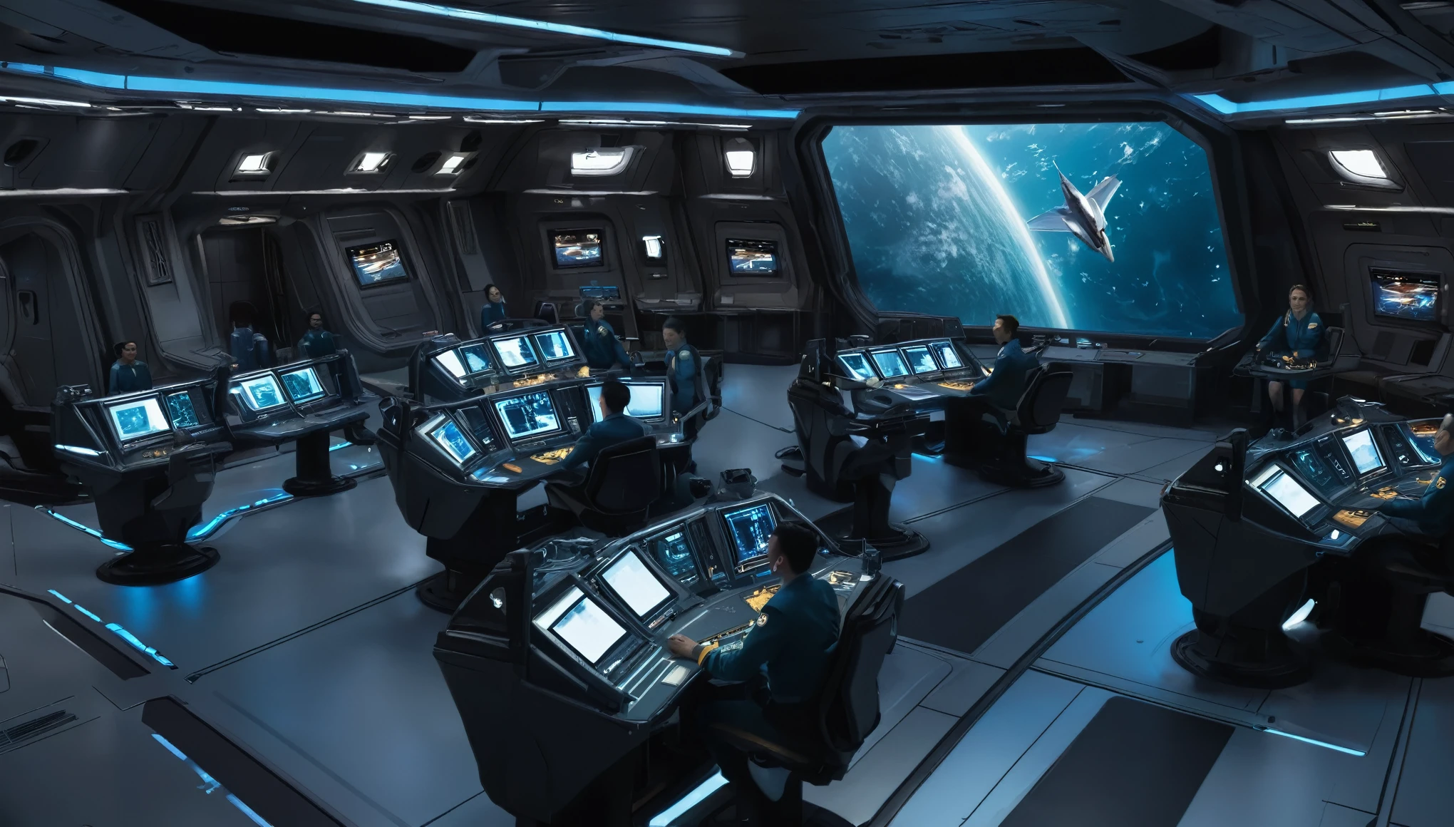 Imagine the sitting in the Captains chair on the bridge of a starship, the 10 members of the flight crew manning their positions looking at you, while you barks orders to maneuver and fire. through the main viewport that dominates the image, you can see the battle in full swing.. alarms are going off as ships trade shots. shields are holding but for how long. award winning cinematography in the style of the Expanse, ((highly detailed)) ((sci-fi setting.))