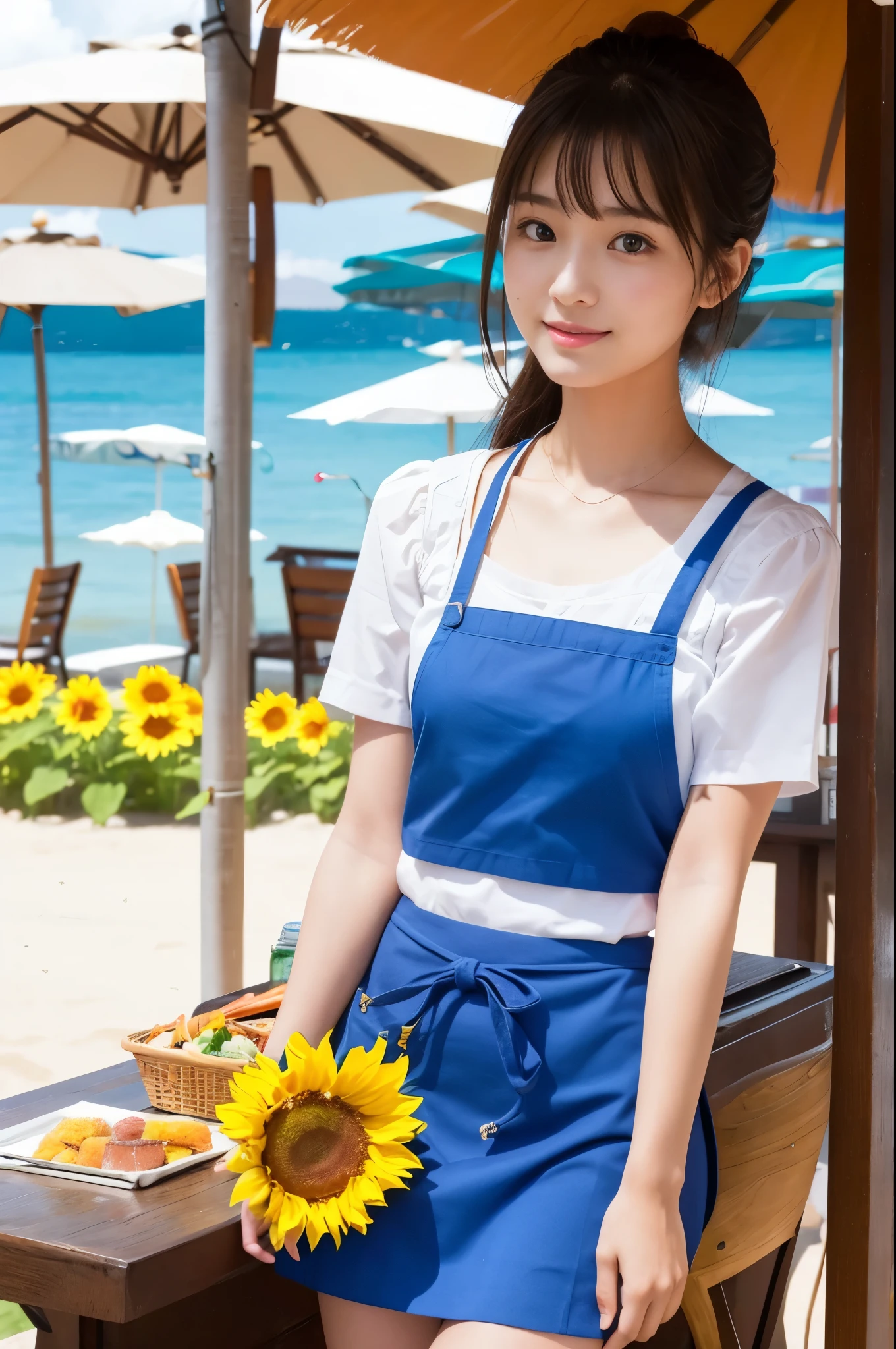 20 years old girl (Japanese pretty face) is wearing blue apron, mini skirt at the beach bar with sunflower