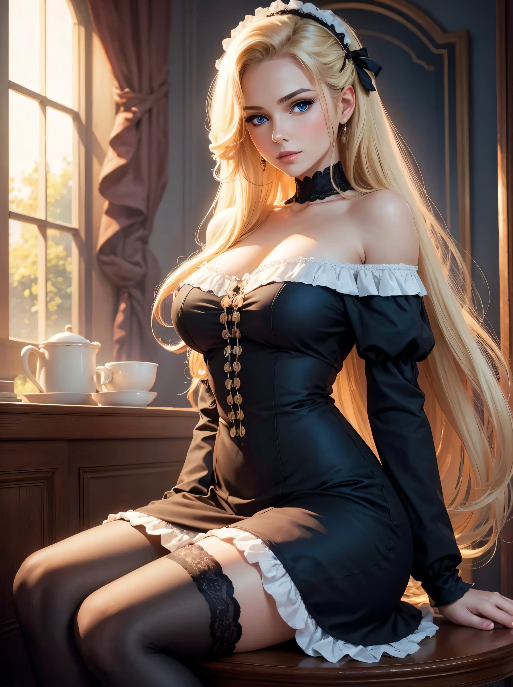 /draw apron blonde_hair breasts breasts_out couch dress female frills gloves highres koruse large_breasts long_hair looking_at_viewer lying maid maid_apron maid_headdress no_panties original solo thighhighs white_gloves