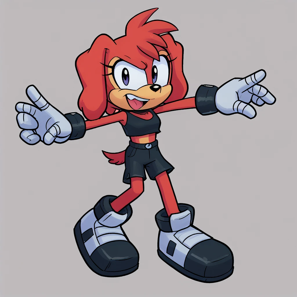 Custom avatar, red dog character, wearing black shorts, in the cyberspace￼, cgi backround, doing a dyamic pose,
rubber_hose_character,
 
