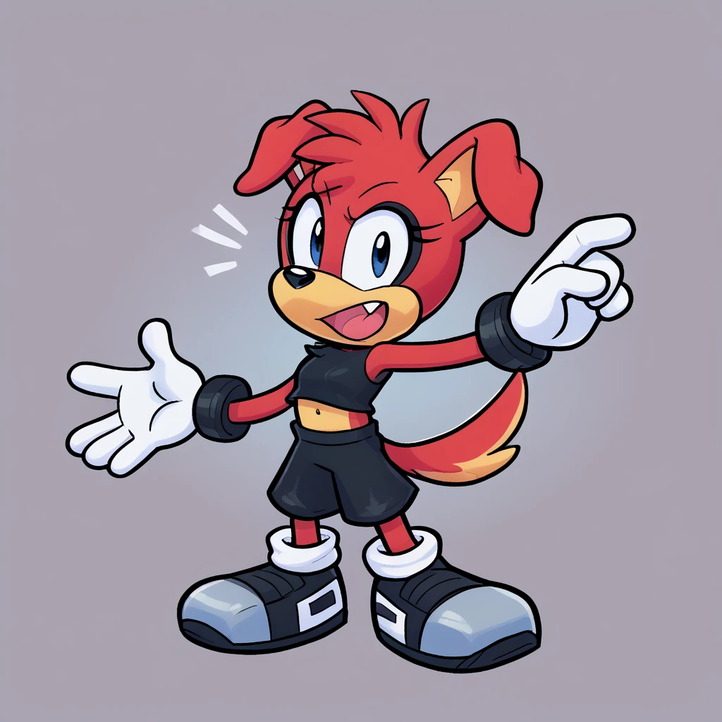 Custom avatar, red dog character, wearing black shorts, in the cyberspace, cgi backround, doing a dyamic pose,
rubber_hose_character,