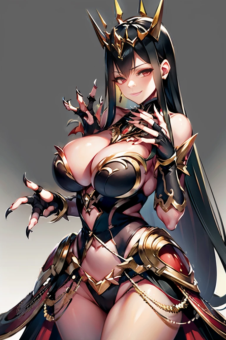 black hair, bare shoulder, red eyes, very long hair, cleavage, large breasts, dress, showgirl skirt, high-leg, cleavage cutout, tiara, bare thighs, gauntlets, bare shoulder, (((Correctly aligned fingers, extremely detailed hands and fingers, ultra detailed hands and fingers, super detailed hands and fingers, perfect female hands and fingers, biologically accurate hands and fingers, 4 fingers and 1thumb accurate hands and fingers, beautiful hands and fingers, hands and fingers drawing, human hand and fingers, perfect arrangement of fingers))), adult face, fearless face, both arms, two arms, both hands, two hands, super fine illustration, masterpiece, masterwork, by famous artist, official art, ultra high res, best quality, high quality, Hand, detailed, perfect, perfection , hands, betterhand, both hands is Thumb and index finger and middle finger and ring finger and little finger, symmetrical hands, even hands, bare nails, bare fingers, panties,