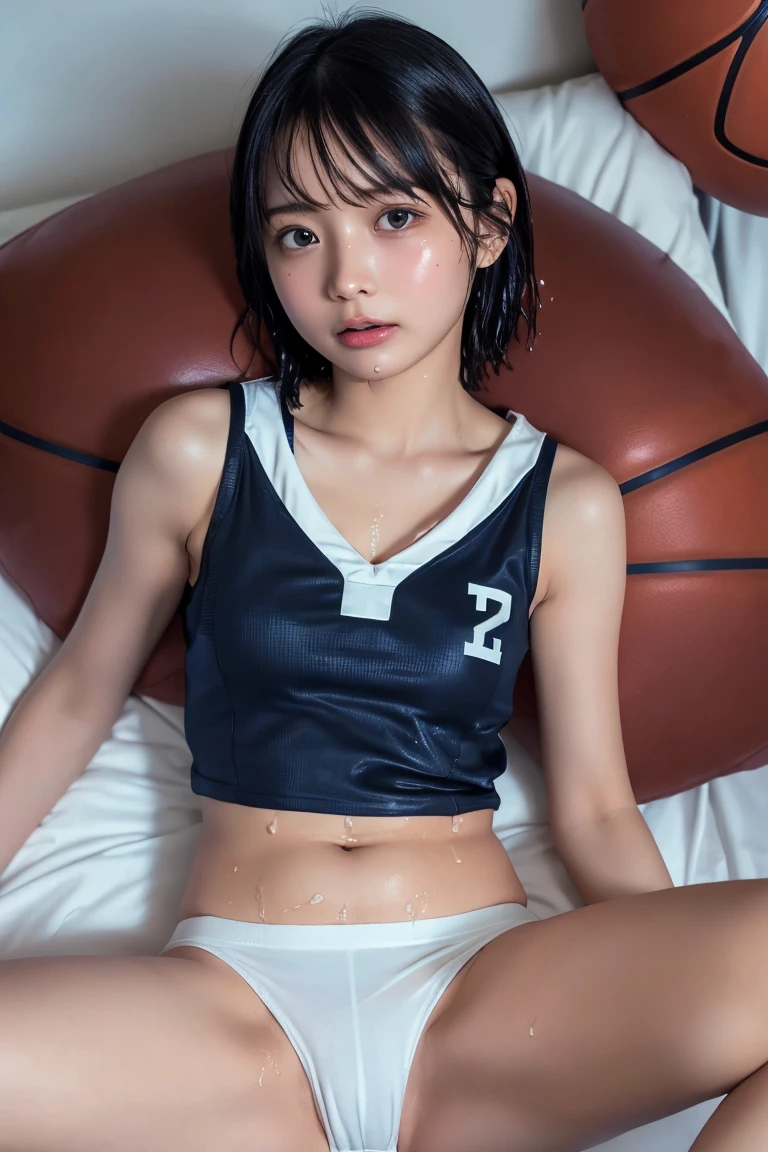 (masterpiece), Very detailed, Ultra-high resolution, Realistic, photo Realistic, High-resolution RAW color photos, Professional photos, Sharp focus, (Very detailed顔と肌の質感, Very beautiful eyes, Glossのある肌, Glowing Skin, Glowing Skin, Shining Face, Gloss, Oily skin, greasy face, Oily skin, greasy face,), (real Glossのある肌 texture), Perfect Anatomy, Very detailed背景,((school bed)),(1 female,25-year-old woman, Japanese women),(lean slender body、Slender legs),short hair, Straight hair, bangs, Brown Hair,(Flat Chest:1.6),((((White sleeveless basketball uniform、Sexy T Panties)))),((Wet uniform:1.4)),((Wet body:1.3))、((Sleep on your back、Spread your legs:1.4))、(From above:1.4)(((masturbate violently:1.5))),(((Reaching orgasm:1.4)))