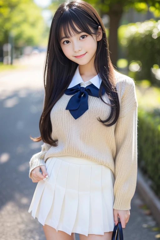 (((masterpiece))), (((Full body photo)))， (Beautiful Japanese Girl, Innocence，cute) ，Ultra-high resolution, Realistic, Ultra-detailed, 8k,Highest quality, Very detailed, Detailed Background,Slender,とてもBeautiful Japanese Girl, Detailed face:1.3), (Fluffy long hair,Black-haired :1.4), (Baby Face，cute系,Adorable 12 year old girl), (Perfect body:1.1),，Cute Smile:、show me your beautiful teeth、非常にDetailed face、Detailed lips、Detailed eyes、 gravure idol，Clear Skin、Realistic:1.37，No makeup，Neutral lighting,(Highest quality, masterpiece), (One girl, alone, school uniform,Navy blue jumper skirt,,Are standing , View your viewers, Beautiful clavicle、have a paperback book、Mouth closed, Upper Body),(at the library)