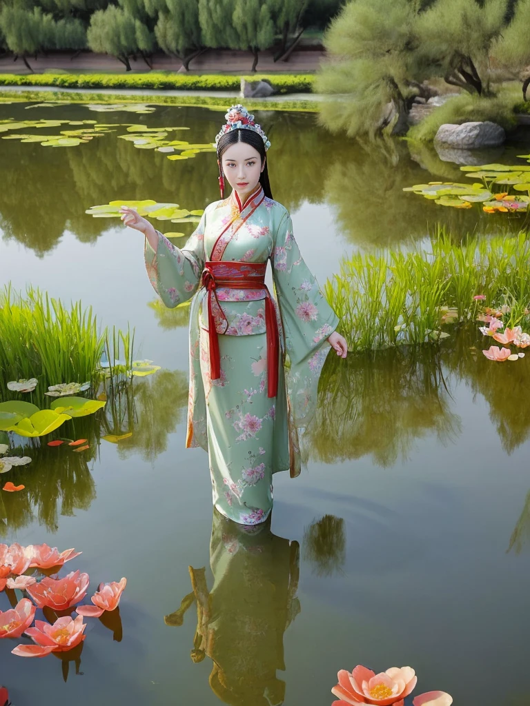 ancient chinese style美女，exquisite face，Standing in the water in the large pond of the Chinese Imperial Palace，Dunhuang Feixian&#39;your clothes，Put on heavy makeup，Long, flowing hair，flowing sea，Favorite，Meticulous depiction的脸蛋，exquisite headdress，ancient chinese style，famous people on the internet，Beautiful and moving，The atmosphere is not clear.，Mature and stable mind，weak and gentle，Masterpiece，Meticulous depiction，very close distance，fantasy world，full of charm，Various styles，beautiful gentleman wallpaper，Seduce Men，charming