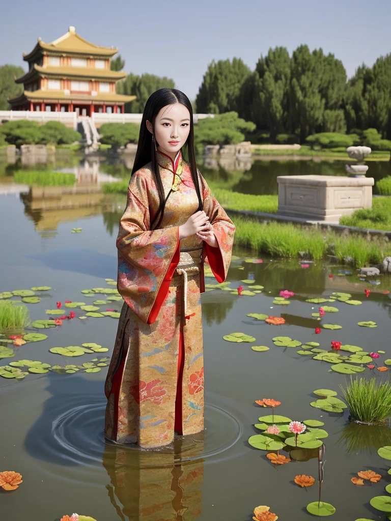 ancient chinese style美女，exquisite face，Standing in the water in the large pond of the Chinese Imperial Palace，Dunhuang Feixian&#39;your clothes，Put on heavy makeup，Long, flowing hair，flowing sea，Favorite，Meticulous depiction的脸蛋，exquisite headdress，ancient chinese style，famous people on the internet，Beautiful and moving，The atmosphere is not clear.，Mature and stable mind，weak and gentle，Masterpiece，Meticulous depiction，very close distance，fantasy world，full of charm，Various styles，beautiful gentleman wallpaper，Seduce Men，charming