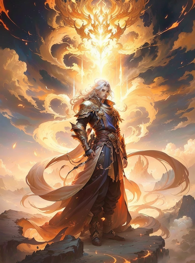 A painting,A man standing on the clouds in the painting,Holding a fire, author:Yang J, epic Fantasy art style hd, The God-Emperor of Humanity, Anime epic artwork, epic Fantasy art style, Epic fantasy digital art style, Anime fantasy illustration, Anime Fantasy Artwork, holy fire spell art, author:Yang Borun, Beautiful Celestial Mage, Fantasy art style