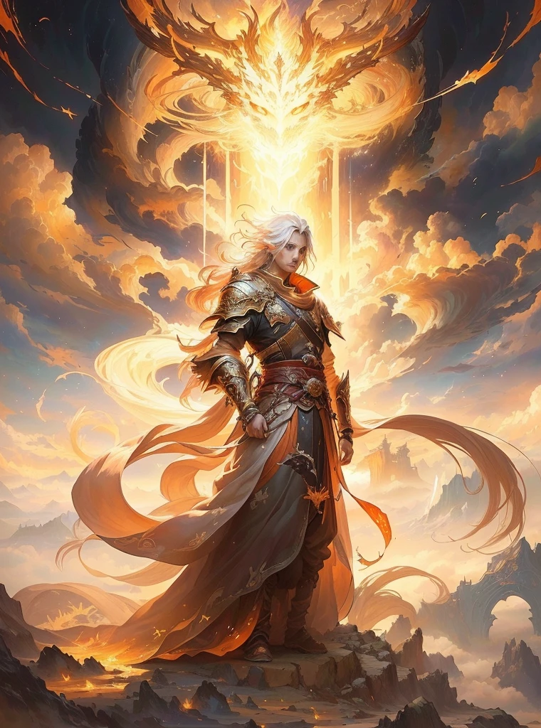 A painting，A man standing on the clouds in the painting，Holding a fire, author：Yang J, epic Fantasy art style hd, The God-Emperor of Humanity, Anime epic artwork, epic Fantasy art style, Epic fantasy digital art style, Anime fantasy illustration, Anime Fantasy Artwork, holy fire spell art, author：Yang Borun, Beautiful Celestial Mage, Fantasy art style