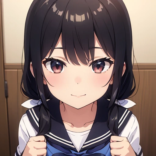 1girl, ****,
standing,
(hands, arms in front of chest), fist pump,
(thrilled expression:1.2), (excited expression:1.2),
excited smile,
black hair, very long hair, (low twintails), low pigtails, red ribbon in hair,
navy-blue collar, white serafuku with blue ribbon, navy-blue skirt,
(dark brown eye),
upper body,
afternoon, summer,
from front,
(pov),
from above,
high brightness, detailed face, detailed eyes,
(high quality, ultra detailed, masterpiece, super detail, highres, anatomically correct, UHD),
Japanese anime style, extremely cute, good hands, good fingers