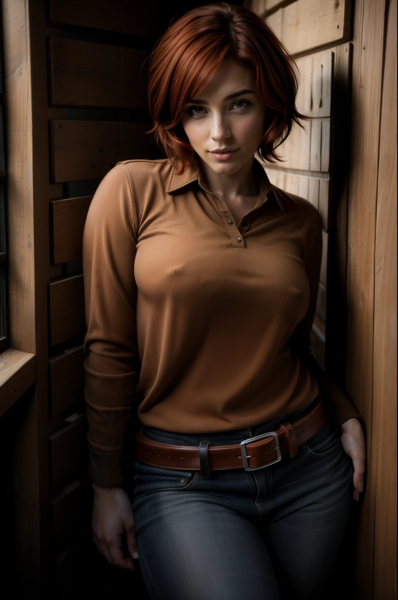 Allison Scagliotti, reddish hair, cowboy shot, bobcut
