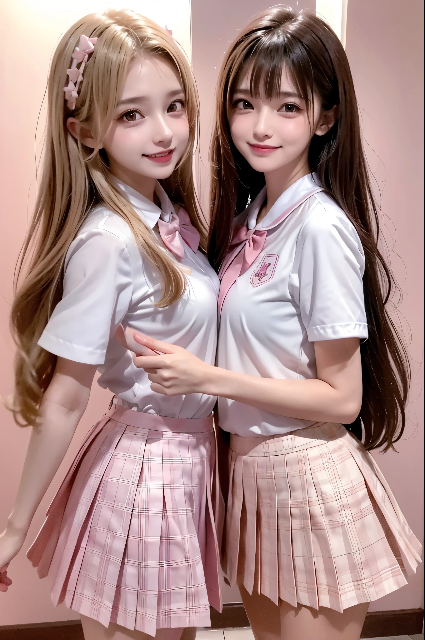 high resolution,smile,happy,light smile,woman,woman2人,adult,((two girl females)), ((piece sign)), Clear,cute,Blonde, wavy hair,long hair,BREAK, Pink brown eyes,BREAK, high school girl,uniform,White shirt,Pink checkered pleated skirt,BREAK, Facing forward,BREAK,Pink background,