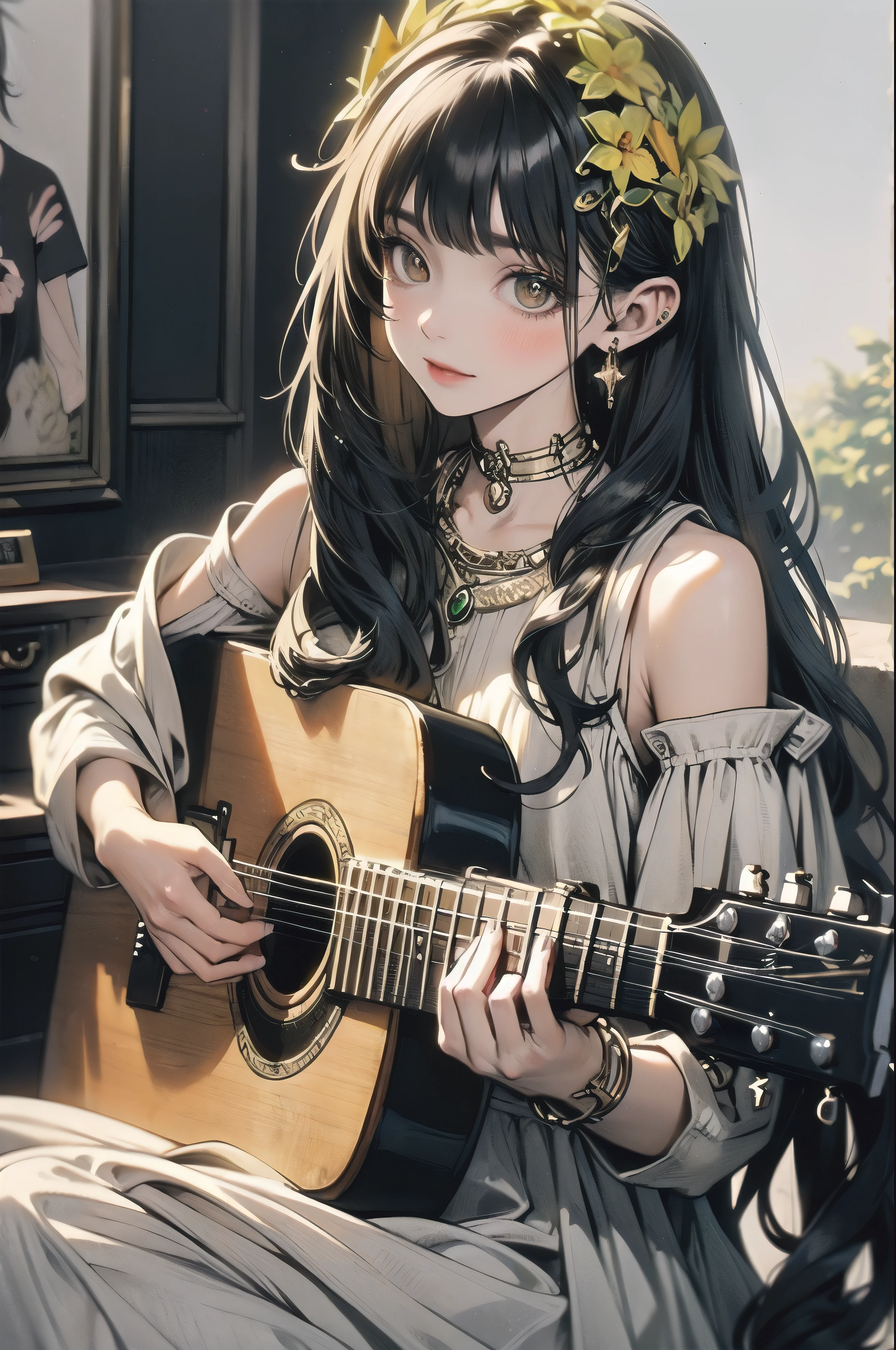 In a serene and sunlit room adorned with framed paintings, a young woman stands absorbed in playing her guitar. She wears a flowing, off-the-shoulder dress decorated with floral embroidery, evoking a sense of bohemian elegance. Her long, dark hair cascades around her shoulders, crowned with a delicate wreath of yellow and white flowers. The soft lighting accentuates her peaceful expression and the intricate details of her attire. She appears deeply focused on her music, her fingers gracefully strumming the strings of the guitar. The ambiance of the room, coupled with her tranquil demeanor, creates an enchanting and harmonious scene, capturing a moment of pure artistic immersion.