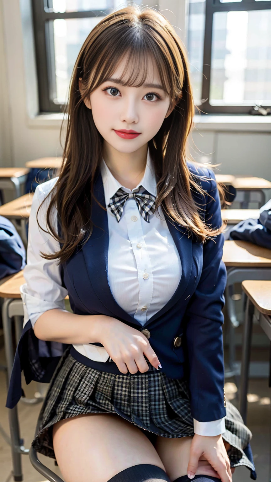 (Masterpiece, Masterpiece, 8k), One beautiful woman, Long blonde hair, blue eyes, A blue ribbon in her hair, High School Outfit, Black blazer, Checkered pleated skirt, Blue tie, Big Breasts, Thighs, Wearing high stockings, In the classroom, Serious expression, High resolution, Blur the background, Smile, Medium Bust