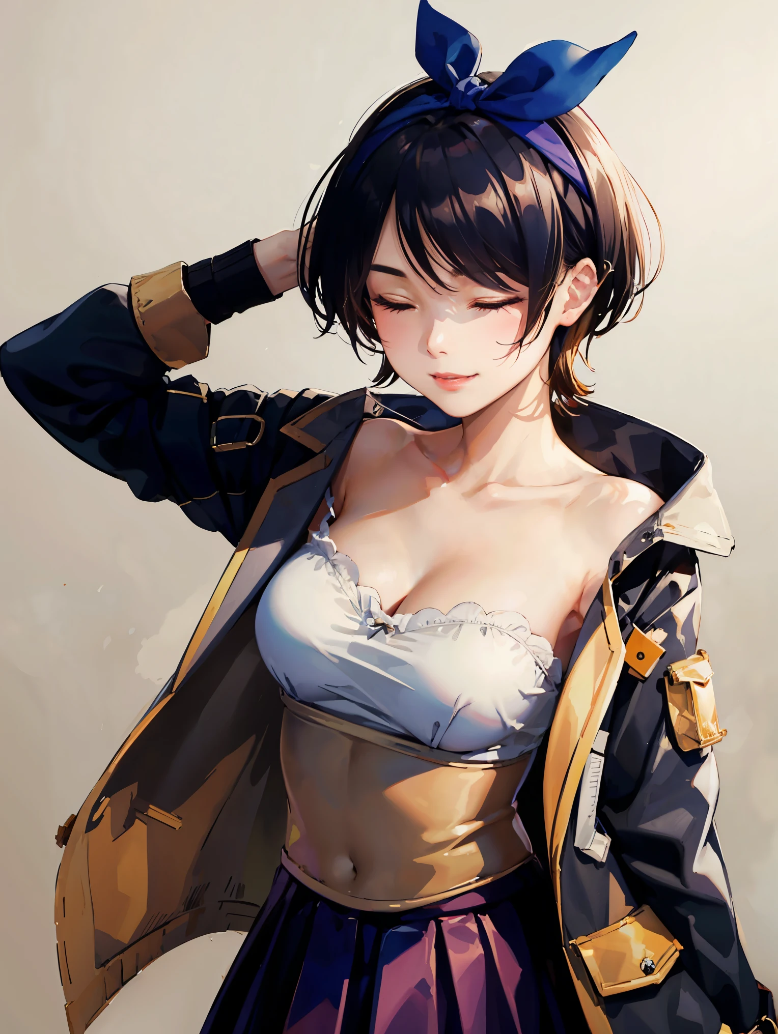 black hair, short hair, blue eyes, ribbon, breasts, bow, hair ribbon, hairband, hair bow, bangs, large breasts, sarashina ruka, smile,
BREAK ((purple coat, skirt):1.2),
BREAK closed_eyes, closed_mouth, hands_in_hair, simple_background, white_background, armpits, medium_breasts, upper_body,
BREAK ((top quality, 8k, masterpiece: 1.3, ultra hd, high quality, best quality, high definition, realism)), sharp focus: 1.5, Beautiful woman with Slim body, (perfect hands, perfect anatomy),