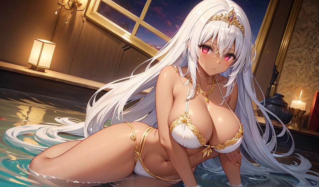 Adult woman with long white hair, dark skin, huge breasts and red eyes，Bare arms，gold tiara，necklace，Gold ornaments，White silk clothing，thigh，White Rose，desert，River Water