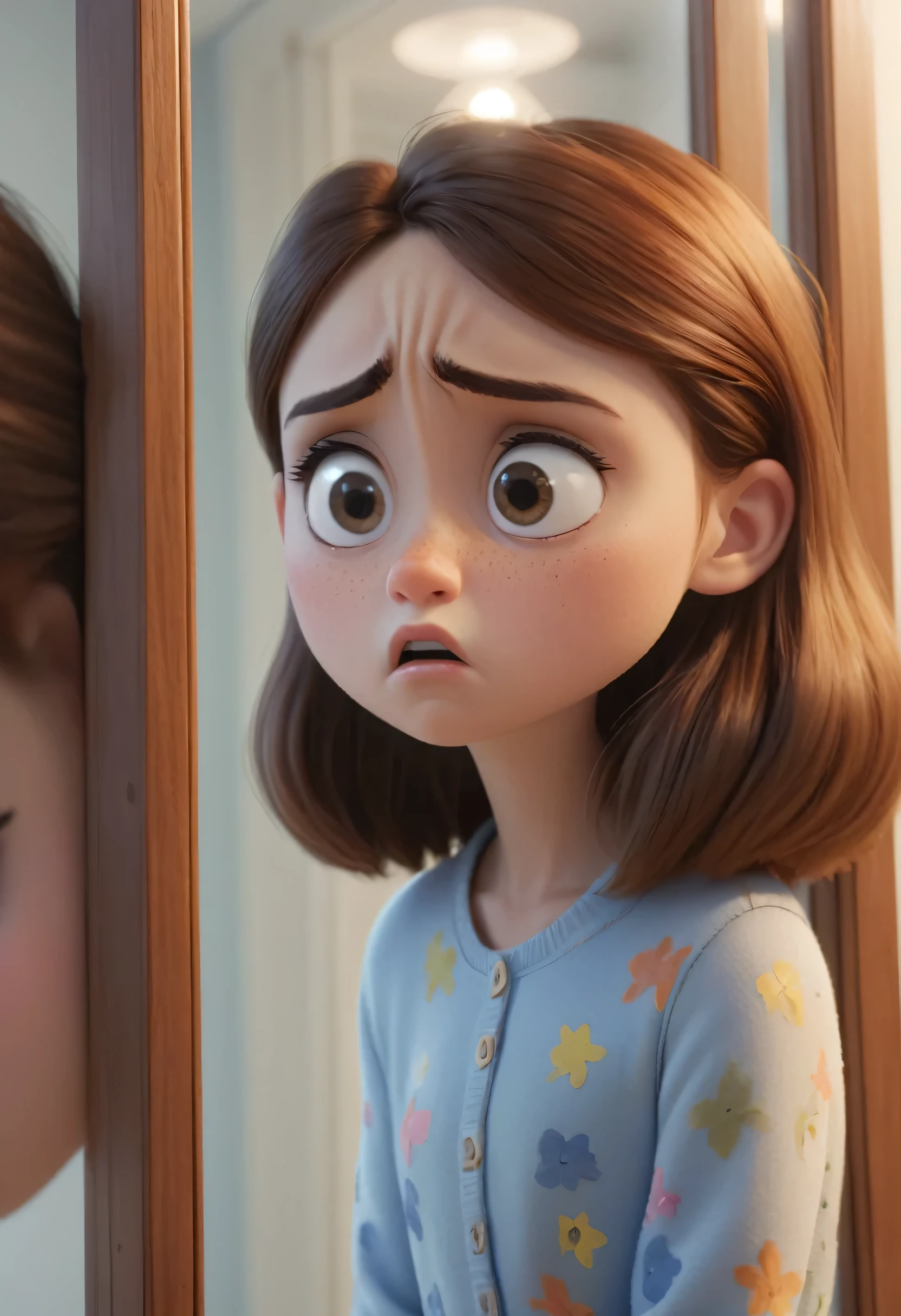 Girl standing infront of mirror her face sad and frustrated. Close up. High quality Pixar image. 4k