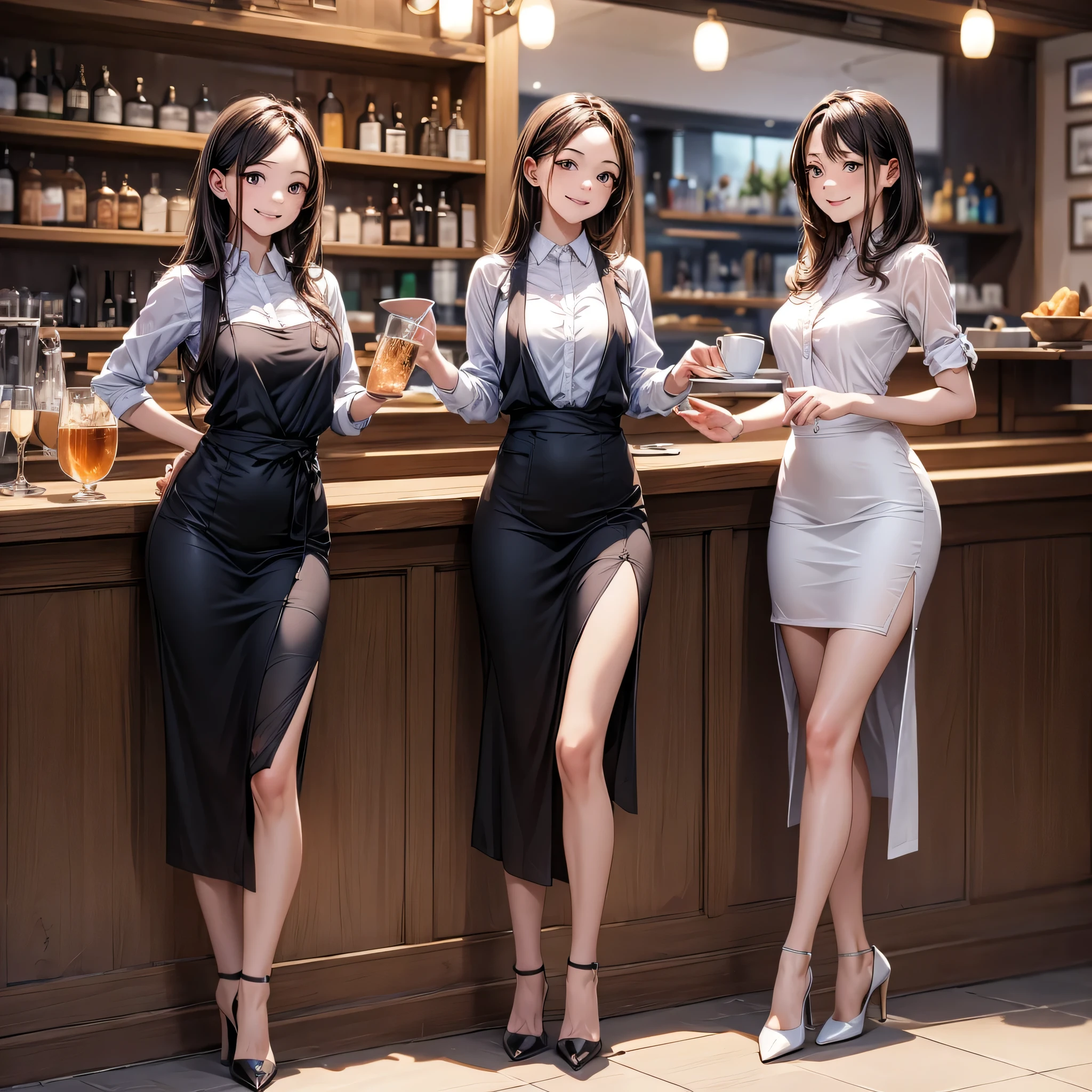 (masterpiece:1.3),(best quality, highest quality),((Full Body Shot,Including face)),2girls,4K,masterpiece,((Focus on the face)),((Symmetrical facial features)),Beautiful woman,(Slender),((High heels)),Detailed depiction of the face, Cafe clerk ,In front of the bar counter,profile,Slenderな女性,Cafe uniform,Age 25,smile
