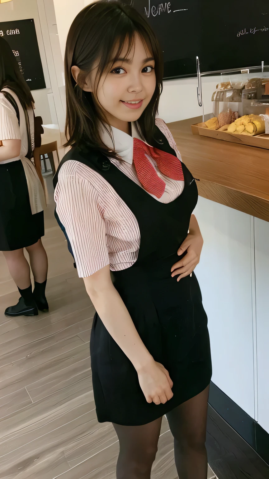 Best Quality、8k、masterpiece、Ultra-high resolution、Clear photo、Professional Lighting、Natural Light、Realistic,、Highly detailed skin、Perfect Anatomy、One Woman、Age 30、(Large Breasts)、Short Bob Hair、Brown Hair、Beautiful Hair、smile、(Squint your eyes and laugh:1.2)、((Star Uniform:1.1))、(Black vest、Short sleeve shirt、Red ribbon、tight black pencil skirt)、((Black Pantyhose))、In a luxury hotel bedroom、((Sit on the bed))、(((Full Body Shot:1.1)))