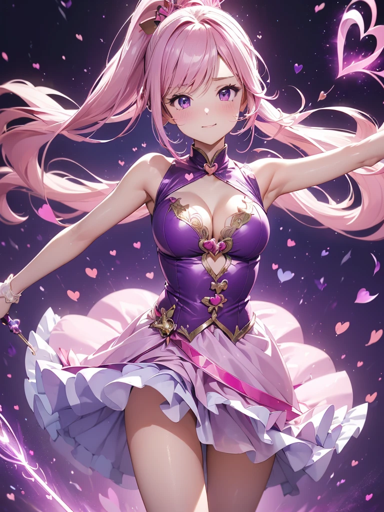 1girl,(magical girl flying in the night sky),(Holding a magic wand:1.3),Are standing,(cleavage),(thigh focus),pink long blonde,ponytail,Accurately drawn face,(intricate pink and white dress),Layer Dresses,super mini skirt,(I can see your butt),white leather knee high boots,torn clothes,broken clothes,vivid contrasting colors,intricately designed details,(heart shaped pink effect:1.5),(dynamic pose),(Ghost Smile),(open your arms:1.5),(Sparks dance in the night sky:1.3),(purple flame:1.5), (red fire:1.5),(purple flame katana:1.3), (swing a purple flame sword:1.3),
battle,fight,(action pose: 1.4),(vengeful spirit come's attack), (vs vengeful spirit),(purple confetti:1.5),Fairy Stage in an Enchanted Forest,Flower Garden with Magical Blooms