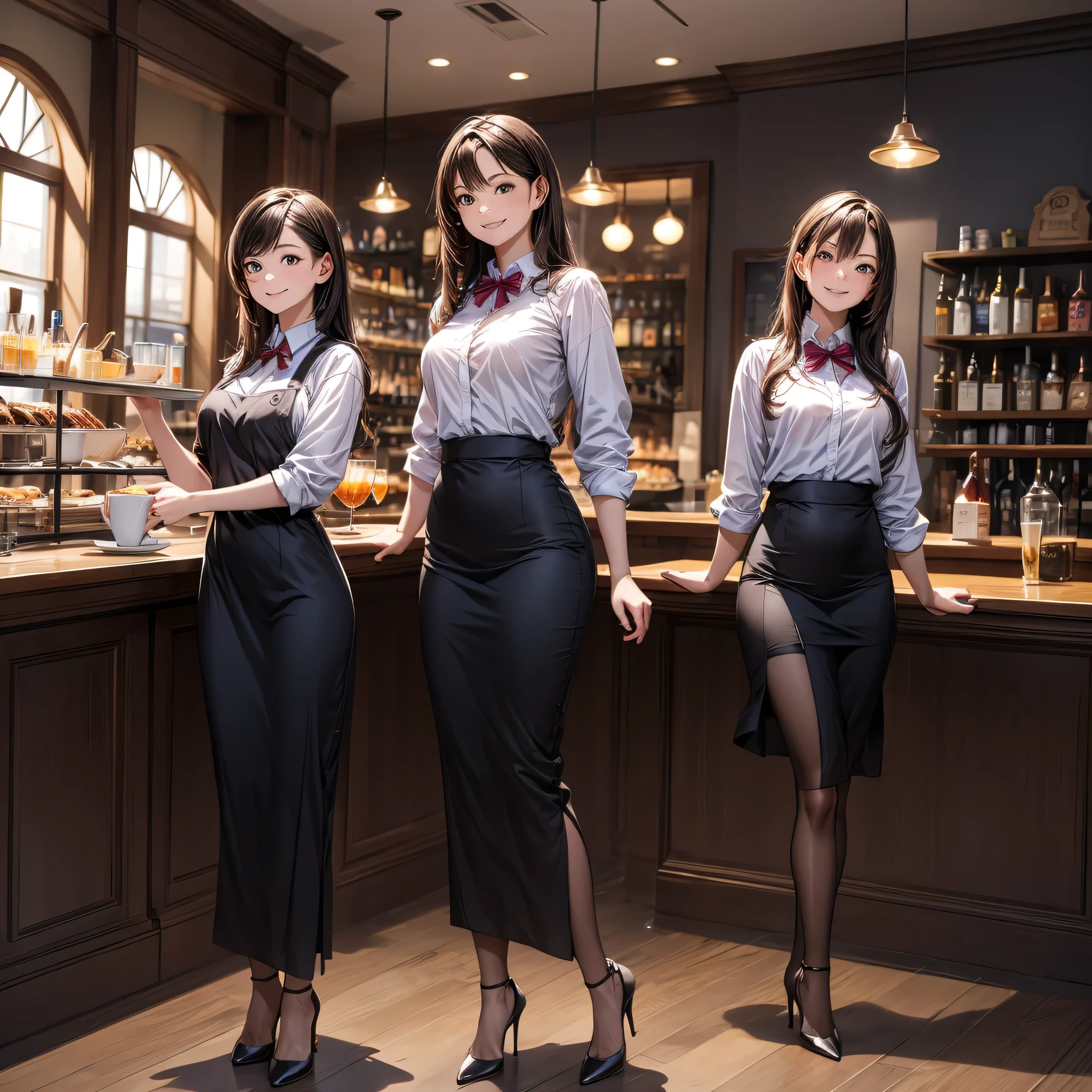 (masterpiece:1.3),(best quality, highest quality),((Full Body Shot,Including face)),2girls,4K,masterpiece,((Focus on the face)),((Symmetrical facial features)),Beautiful woman,(Slender),((High heels)),Detailed depiction of the face, Cafe clerk ,In front of the bar counter,profile,Slenderな女性,Cafe uniform,Age 25,smile