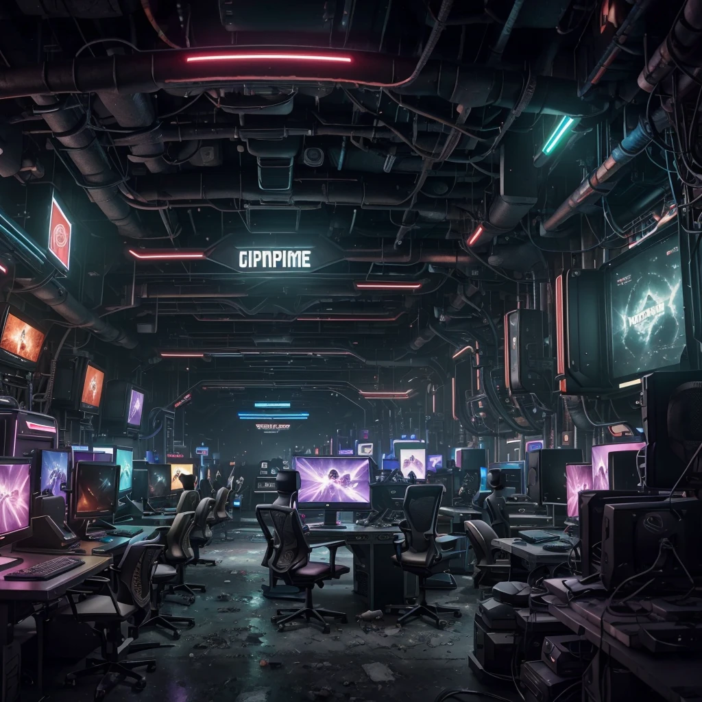 The world of online games, Opportunity, A world made of computers for gaming, There are video cards everywhere, Computer parts are everywhere, Everything is cluttered, wasteland, Bottomless computer dump, Computers are everywhere, Neon, Processors, Motherboards, Best quality, Very detailed, Superior clarity, 8K Ultra HD