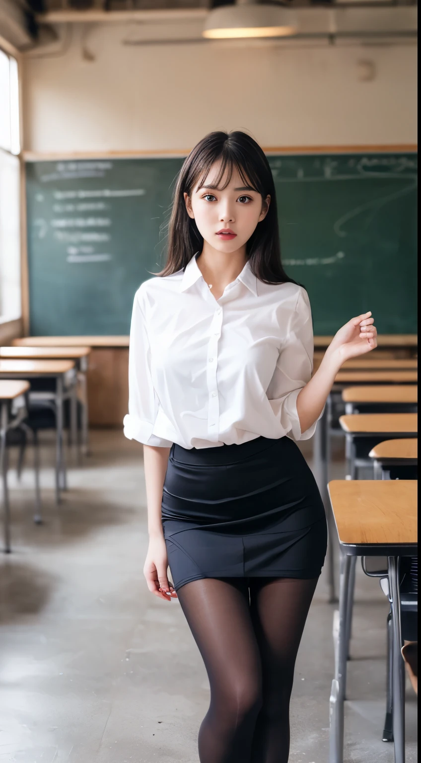 ulzzang-6500-v1.1, (RAW Photos:1.2), (Photorealistic), (Genuine:1.4), (masterpiece), (()), beautiful girl, Model Body, Big eyes, Cute droopy eyes, Small breasts, Long legs, (super Realistic pantyhose:1.3), Glossy satin blouse, Skirt and thighs, Strict teacher'The costume is sexy, ((Shooting from below)), Very white skin, Long Hair, Wavy Hair, teacher'Chair, Realistic, indirect lighting, Volumetric Light, Ray Tracing, Very detailed, Highest quality, Ultra-high resolution, Hmph, 8k, Intense volumetric fog