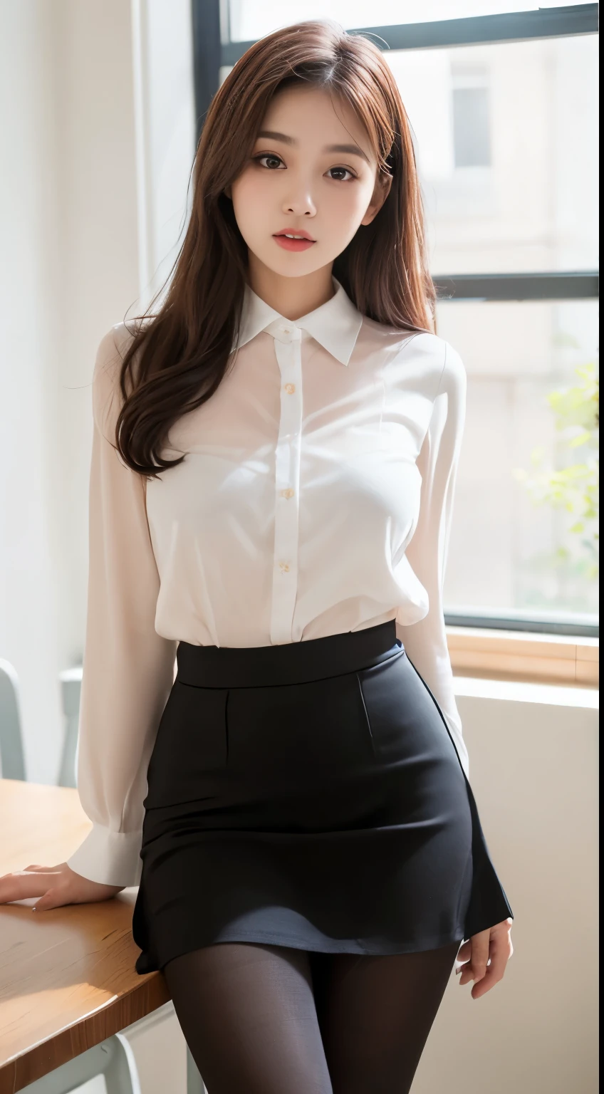 ulzzang-6500-v1.1, (RAW Photos:1.2), (Photorealistic), (Genuine:1.4), (masterpiece), (()), beautiful girl, Model Body, Big eyes, Cute droopy eyes, Small breasts, Long legs, (super Realistic pantyhose:1.3), Glossy satin blouse, Skirt and thighs, Strict teacher&#39;The costume is sexy, ((Shooting from below)), Very white skin, Long Hair, Wavy Hair, teacher&#39;Chair, Realistic, indirect lighting, Volumetric Light, Ray Tracing, Very detailed, Highest quality, Ultra-high resolution, Hmph, 8k, Intense volumetric fog
