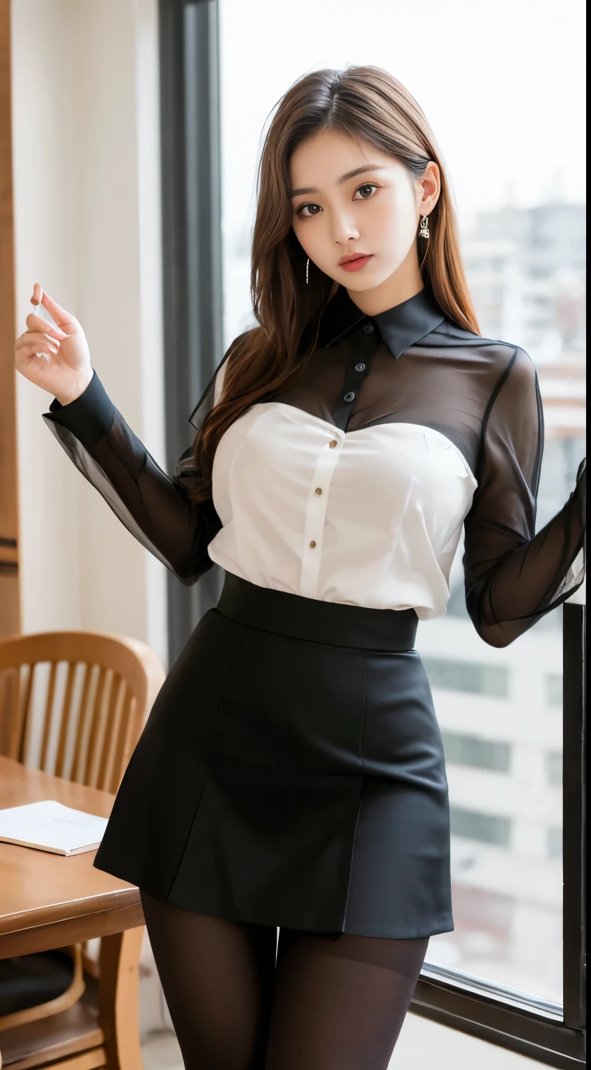 ulzzang-6500-v1.1, (RAW Photos:1.2), (Photorealistic), (Genuine:1.4), (masterpiece), (()), beautiful girl, Model Body, Big eyes, Cute droopy eyes, Small breasts, Long legs, (super Realistic pantyhose:1.3), Glossy satin blouse, Skirt and thighs, Strict teacher'The costume is sexy, ((Shooting from below)), Very white skin, Long Hair, Wavy Hair, teacher'Chair, Realistic, indirect lighting, Volumetric Light, Ray Tracing, Very detailed, Highest quality, Ultra-high resolution, Hmph, 8k, Intense volumetric fog