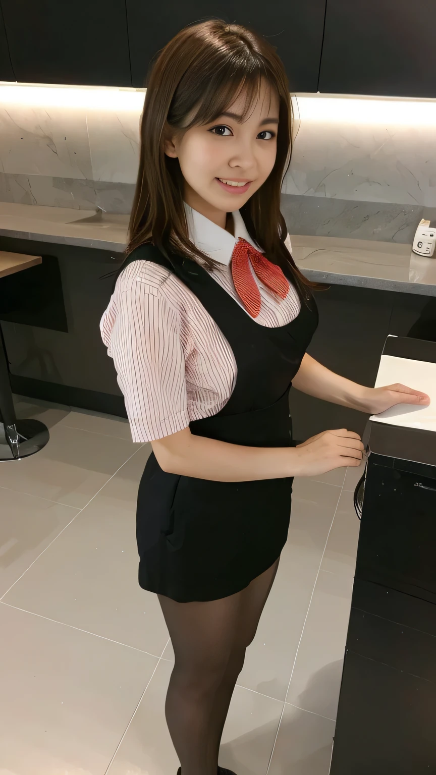 Highest quality、8k、masterpiece、Ultra-high resolution、Clear photos、Professional Lighting、Natural light、Realistic,、Highly detailed skin、Perfect Anatomy、(Beautiful Hands)、(Beautiful fingers)、One Woman、Age 25、Baby Face:1.8、Large Breasts、(Large areola)、Glamour、Bob Hair、Brown Hair、Beautiful Hair、smile、Star Uniform、Black vest、Short sleeve shirt、Black tight mini skirt、((Perfect Pantyhose:1.2))、((Black Pantyhose:1.1))、At the cafe、At the counter、Are standing、(((Full Body Shot)))