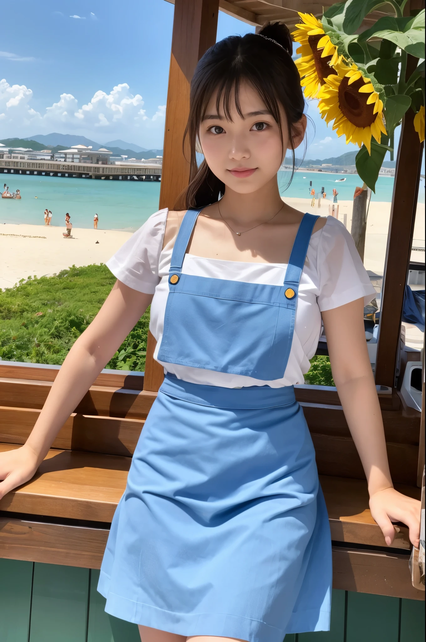 20 years old girl (Japanese pretty face) is wearing light blue apron, mini skirt at the beach bar with sunflower