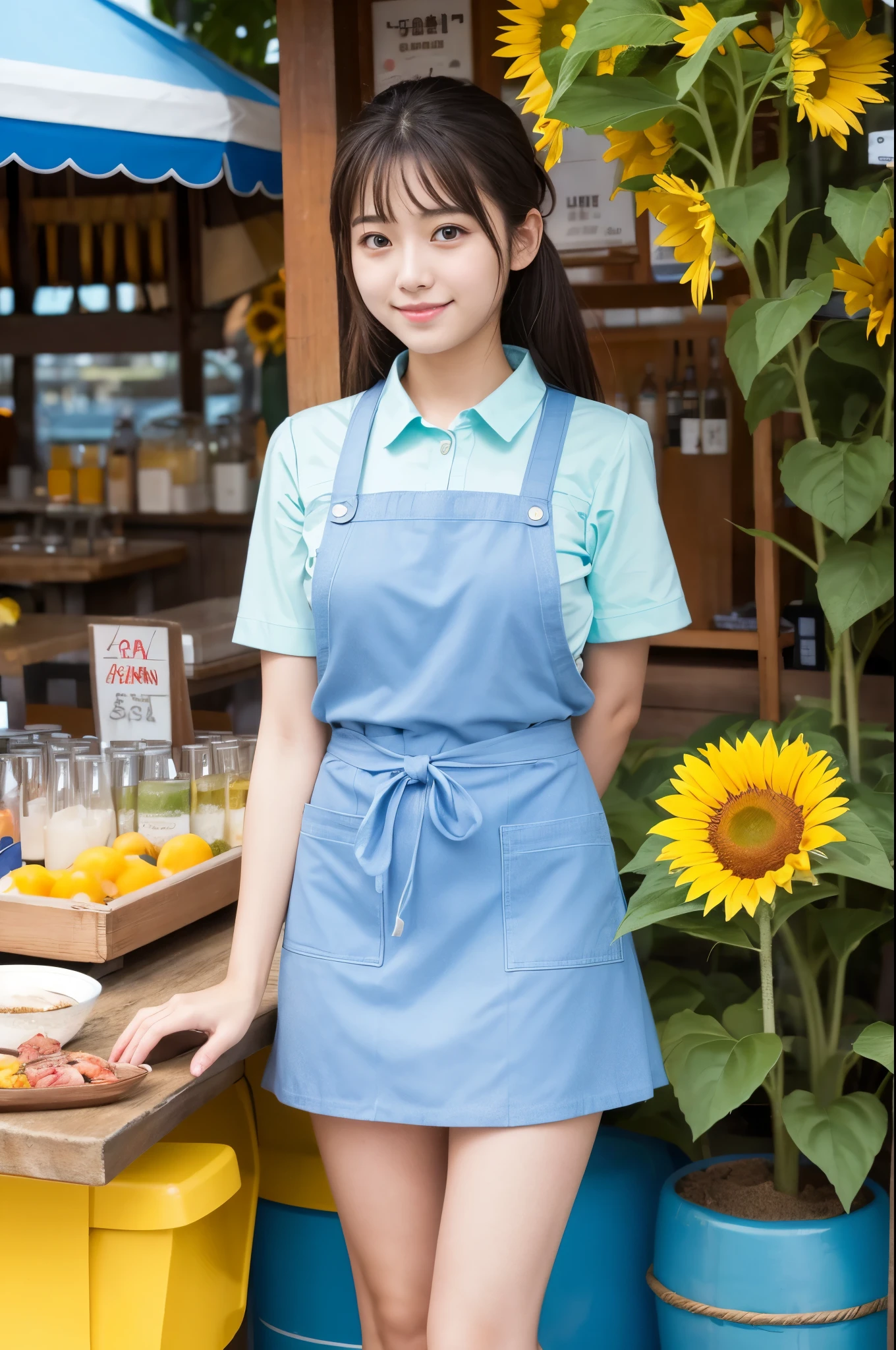20 years old girl (Japanese pretty face) is wearing light blue apron, mini skirt at the beach bar with sunflower