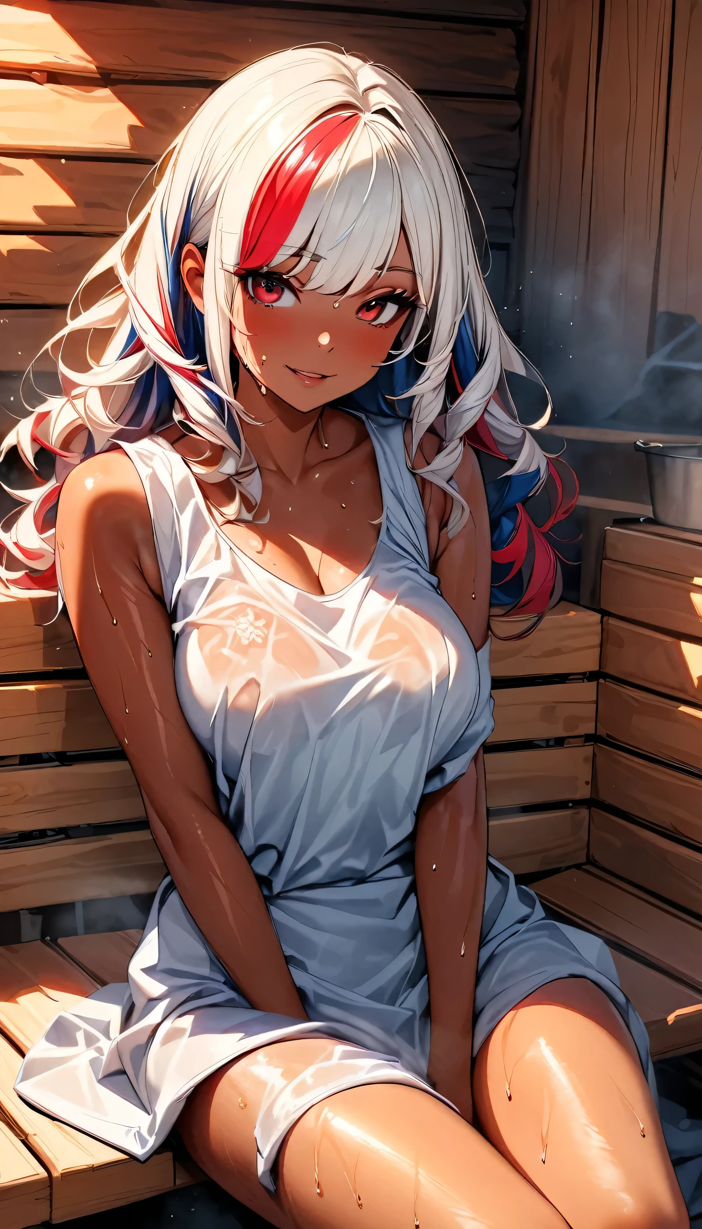 (highest quality:1.2, Very detailed, up to date, Vibrant, Ultra-high resolution, High Contrast, masterpiece:1.2, highest quality, Best aesthetics), Portraiture、girl、singer, solo, ((25-years-old:1)), Bright colors, Beautiful fine details、Beautiful lip detail、medium wave hair、(red and white:1) (streaked hair:1.6), highlights hair: 1.5, red eyes, slim body, meddium breast, (tan skin:1.1), inside_sauna, sitting woody bench, woody wall, wrap a soft towel around body, kneeling, hot, (sweaty:1.4), steamy, (Floral Fineline tattoo design on left arm:1), (upper body),