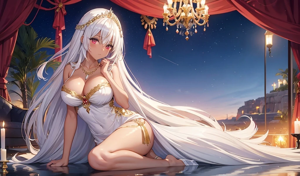 Adult woman with long white hair, dark skin, huge breasts and red eyes,Bare arms,gold tiara,necklace,Gold ornaments,white evening dress,thigh,White Rose,desert,River Water