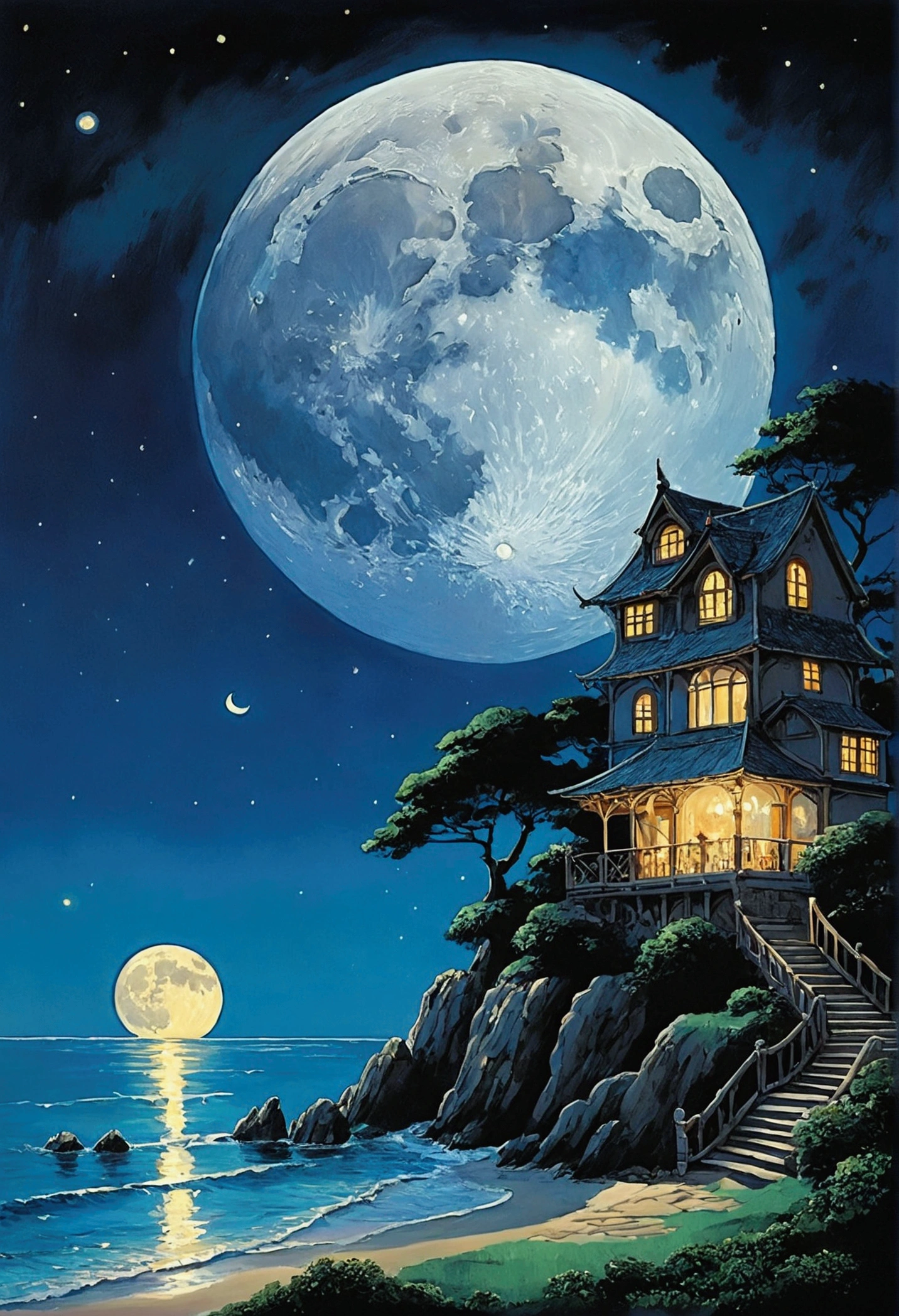 Ghibli　night　Seaside　moon　fantasy　