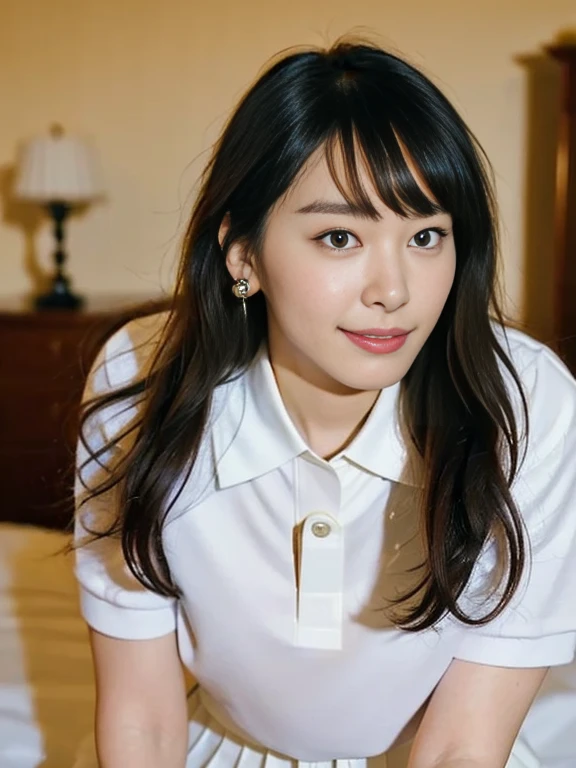 (Masterpiece, Best quality:1.4), (Ultra realistic, Photo-realistic:1.2), Full body, (All fours:1.2), Looking at viewer, Natural light, 28 years old actress, Japanese women, Neat and clean, ((Wearing white tennis uniform, White short-sleeve polo shirt with collar, Not buttoning the polo shirt, White pleated tennis skirt:1.3)), Wearing white sock, (Ponytail:1.2), Short wavy hair, Black hair color, (Beautiful face), Oval face, clear, Kind eyes, Clear skin, Small face, Beautiful mouth, Small mouth, Natural makeup, Approachable, Seductive smile, (Seductive pose:1.3), (Beautiful thighs:1.1), (Bedroom eyes:1.3), Embarrassed, Blush, Luxury hotel Suite room, On bed,