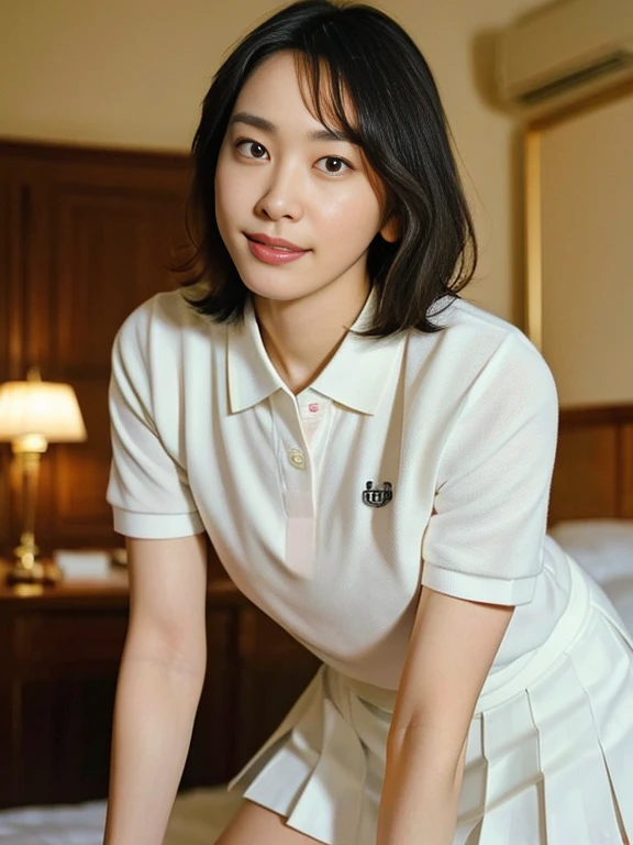 (Masterpiece, Best quality:1.4), (Ultra realistic, Photo-realistic:1.2), Full body, (All fours:1.2), Looking at viewer, Natural light, 28 years old actress, Japanese women, Neat and clean, ((Wearing white tennis uniform, White short-sleeve polo shirt with collar, Not buttoning the polo shirt, White pleated tennis skirt:1.3)), Wearing white sock, (Ponytail:1.2), Short wavy hair, Black hair color, (Beautiful face), Oval face, clear, Kind eyes, Clear skin, Small face, Beautiful mouth, Small mouth, Natural makeup, Approachable, Seductive smile, (Seductive pose:1.3), (Beautiful thighs:1.1), (Bedroom eyes:1.3), Embarrassed, Blush, Luxury hotel Suite room, On bed,