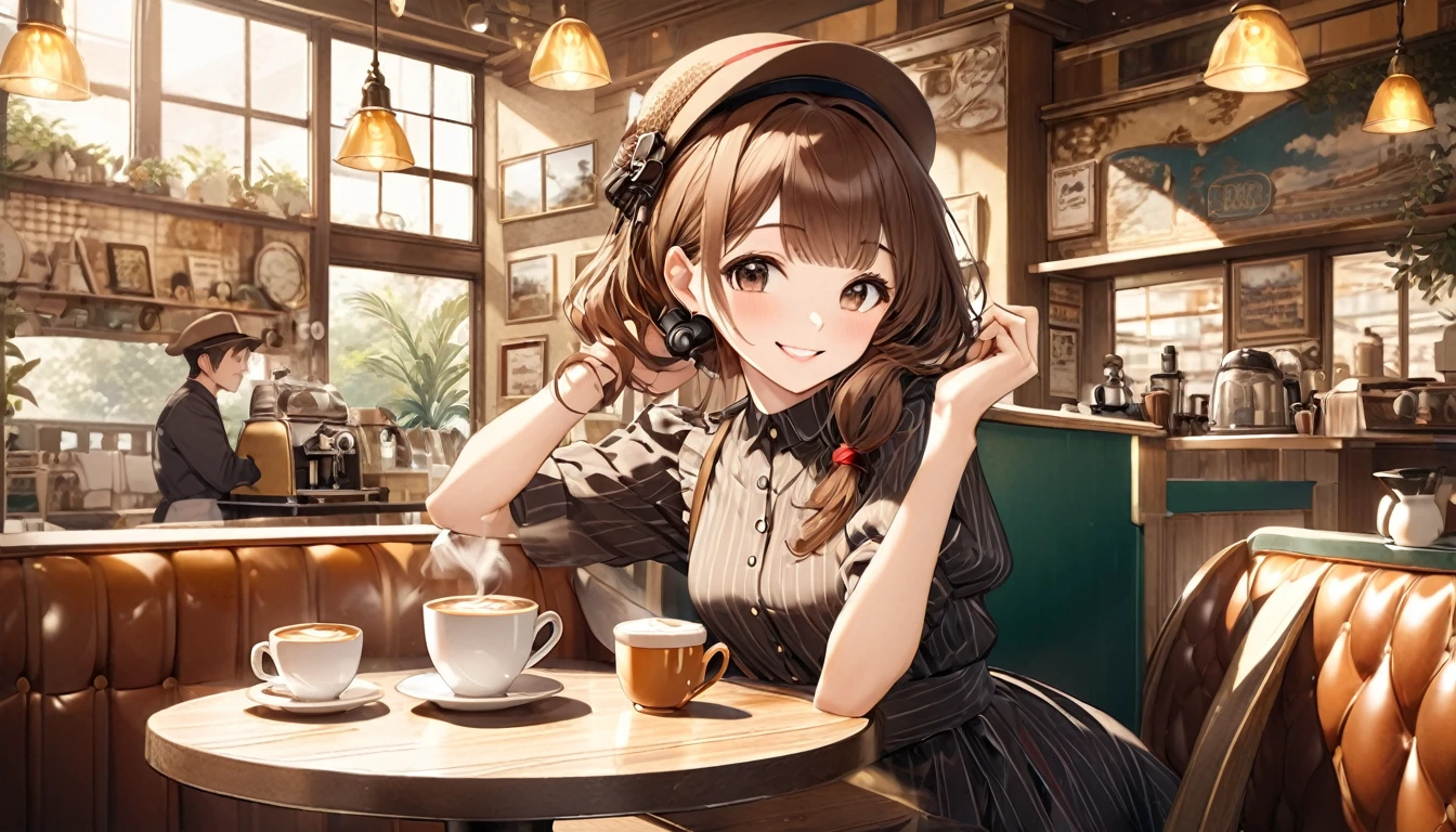 Brown-haired girl wearing headphones、Scene background of enjoying coffee in retro cafe:Interior look of a vintage cafe:Relaxed and smiling outfit:Retro dress and hat posing:A scene of a man holding a coffee cup at a cafe table:The warm atmosphere of a retro cafe
(Detailed fingers), (Emotional), (Breathtakingly beautiful), (main part:1.2 Whole body), (Anime Style), (Very detailed), (超High resolution, High resolution), (8k), (Complex and beautiful: 1.2)