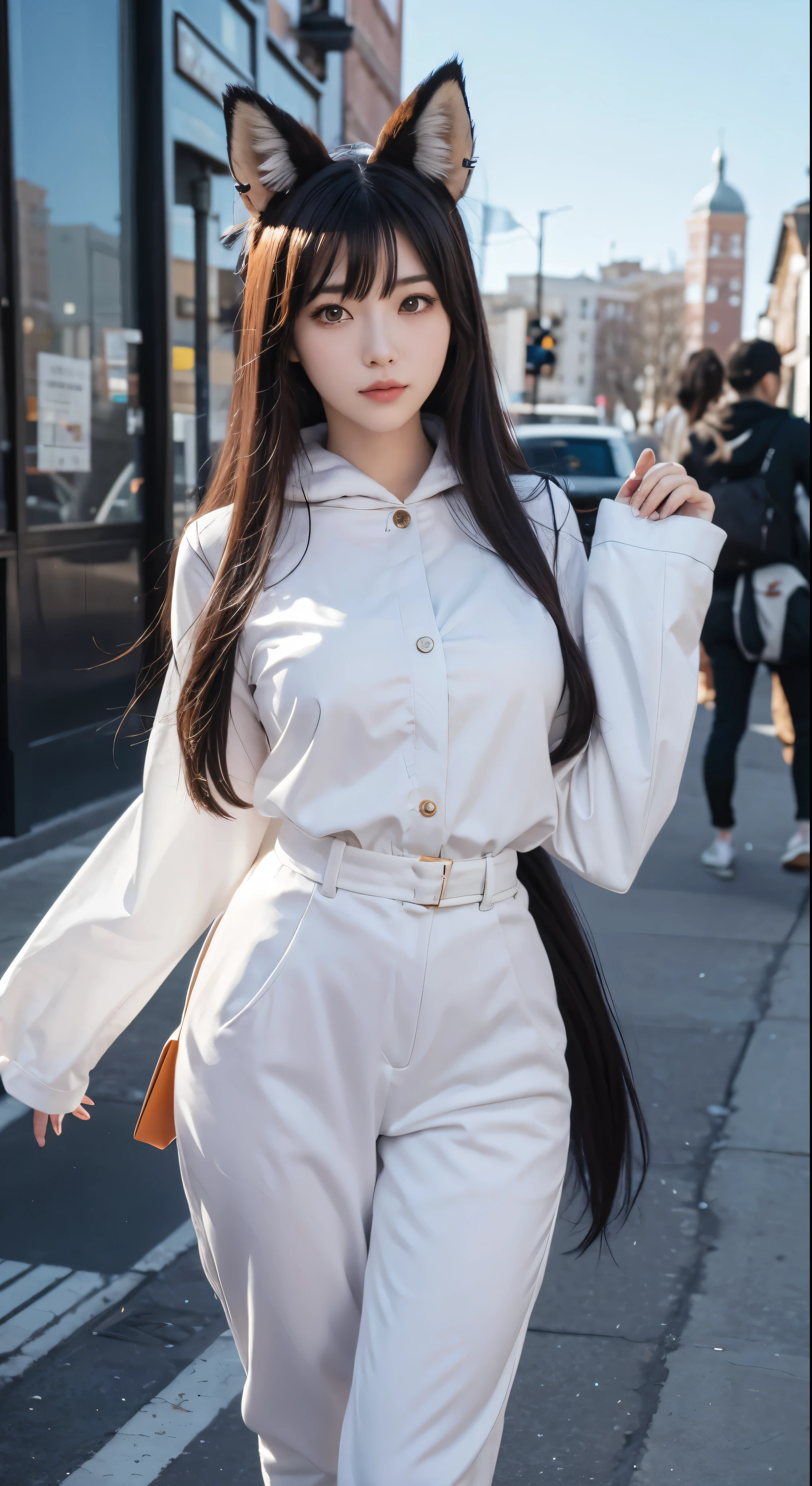 ahri, ahri_(league_of_legends), 1girl, absurdres, animal_ears, black_hair, detached_sleeves, distr, facial_mark, fox_ears, fox_tail, hand_up, highres, league_of_legends, long_hair, snowsuit, magic, multiple_tails, white_tails, orange_eyes, parted_lips, solo, standing, tail, full_body, arms behind back