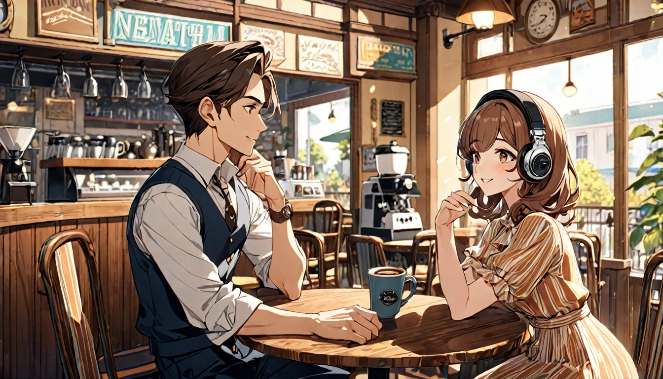 Brown-haired girl wearing headphones、Scene background of enjoying coffee in retro cafe：Interior look of a vintage cafe：Relaxed and smiling outfit：Retro dress and hat posing：A scene of a man holding a coffee cup at a cafe table：The warm atmosphere of a retro cafe
(Detailed fingers), (Emotional), (Breathtakingly beautiful), (main part:1.2 Whole body), (Anime Style), (Very detailed), (超High resolution, High resolution), (8k), (Complex and beautiful: 1.2)
