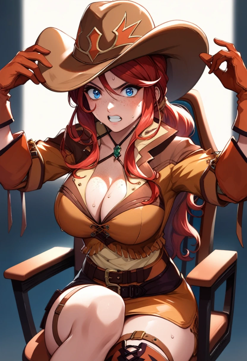 score_9, score_8_up, score_7_up, very aesthetic, source_anime, detailed, high quality, beautiful, masterpiece, detailed eyes,
Simple dark background, blurry background, sit down, (electric chair), (electric shock), electrocution, lightning
cowboy shot, upper body, (angry facial expression), (shocked eyes), teeth clenched, strain, sweat,
gemini sunrise, red hair, long hair, blue eyes, freckles, sidelocks, big breasts, cleavage,
belt, thigh strap, cowboy hat, cowboy boots, fringe trim, gloves, miniskirt, zPDXL