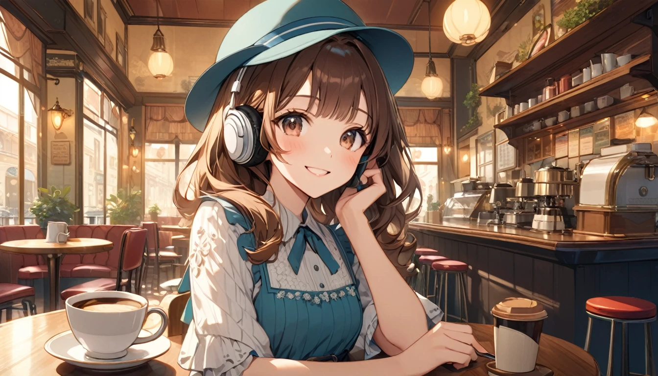 Brown-haired girl wearing headphones、Scene background of enjoying coffee in retro cafe:Interior look of a vintage cafe:Relaxed and smiling outfit:Retro dress and hat posing:A scene of a man holding a coffee cup at a cafe table:The warm atmosphere of a retro cafe
(Detailed fingers), (Emotional), (Breathtakingly beautiful), (main part:1.2 Whole body), (Anime Style), (Very detailed), (超High resolution, High resolution), (8k), (Complex and beautiful: 1.2)