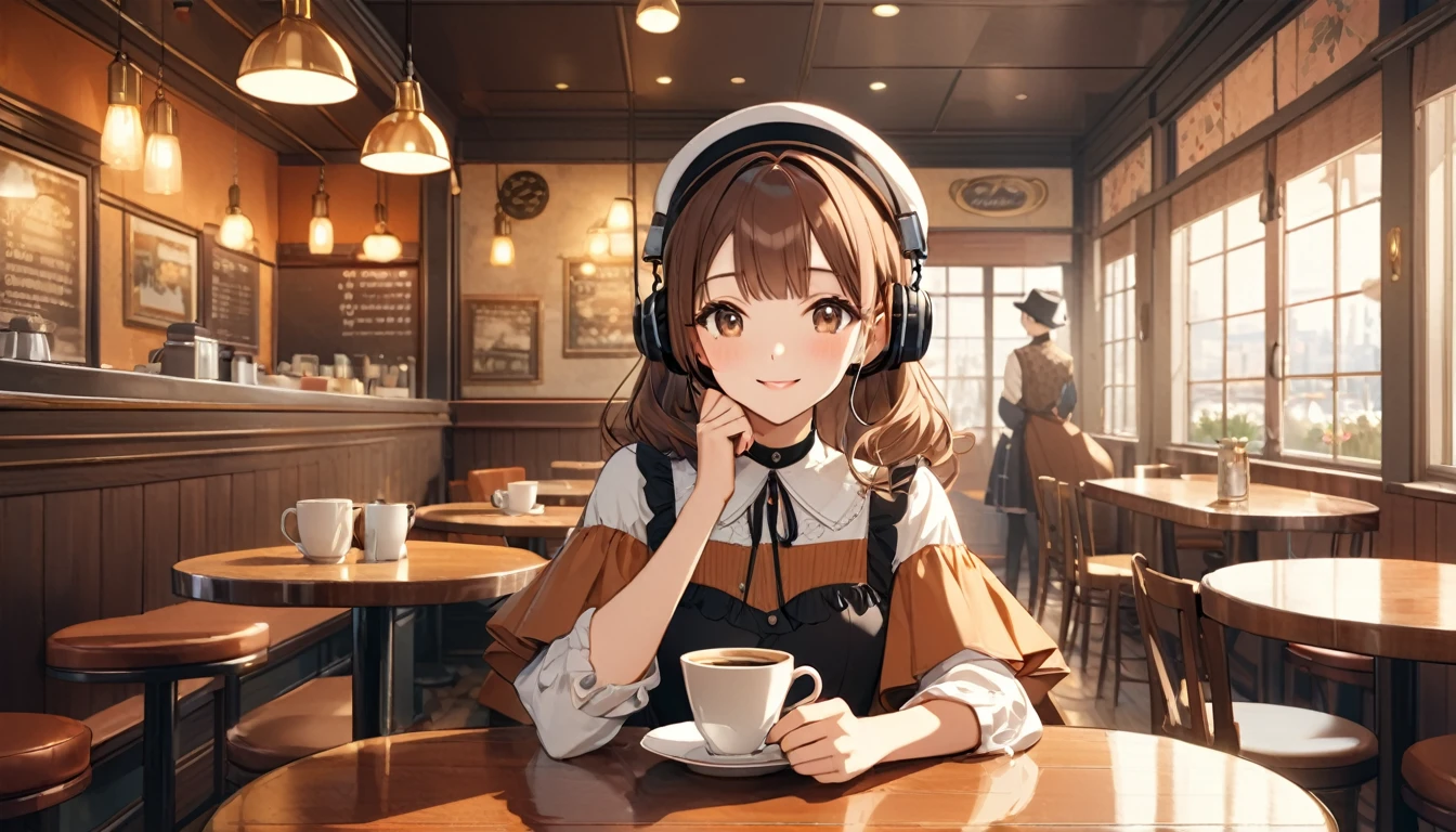 Brown-haired girl wearing headphones、Scene background of enjoying coffee in retro cafe：Interior look of a vintage cafe：Relaxed and smiling outfit：Retro dress and hat posing：A scene of a man holding a coffee cup at a cafe table：The warm atmosphere of a retro cafe
(Detailed fingers), (Emotional), (Breathtakingly beautiful), (main part:1.2 Whole body), (Anime Style), (Very detailed), (超High resolution, High resolution), (8k), (Complex and beautiful: 1.2)
