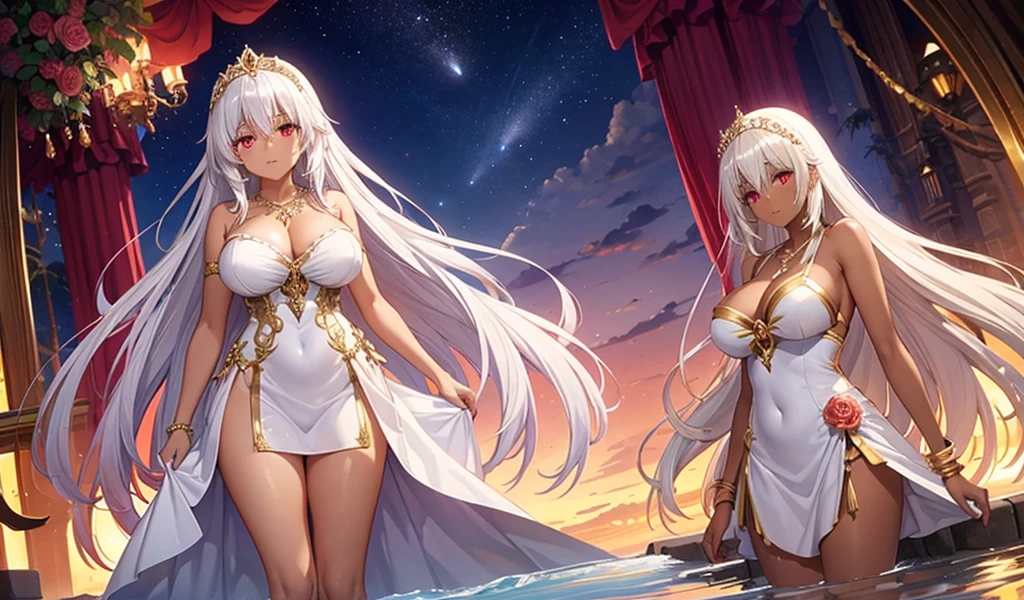 Adult woman with long white hair, dark skin, huge breasts and red eyes,Bare arms,gold tiara,necklace,Gold ornaments,white evening dress,thigh,Standing,White Rose,desert,River Water