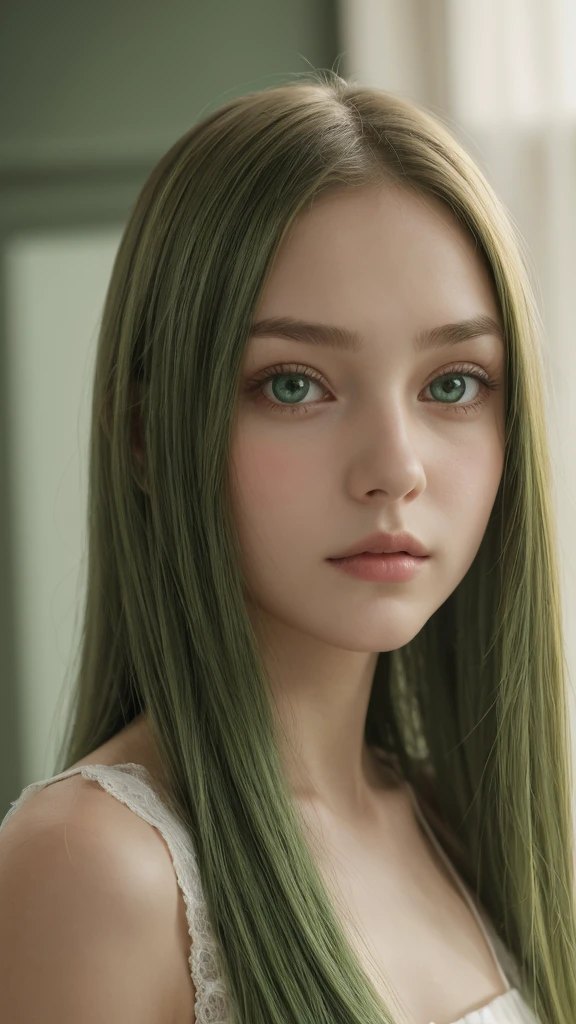 a girl. european. extremely detailed face. oval face. delicate features. long face. gentle eyes. green eyes. long straight hairstyle. green hair. gentle expression