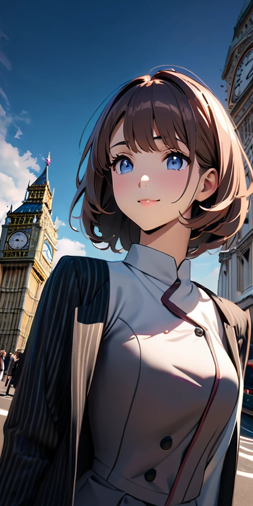 ((Highest quality、masterpiece、anime style、best quality、high resolution、8k、detailed、ultra-detailed:1.3))、Long legs:1.2, Beautiful woman with perfect figure:1.4、(Smiling:1.2), double eyelid、30-year-old female、((((One Woman,beautiful face,Beautiful face、London,upper body:1.5)))),Big Breasts、High resolution, accurate, Anatomically correct, High-resolution model, high quality, Very detailed, Ultra high definition, Textured skin,